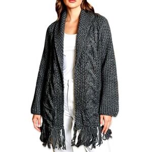 Stetson 100% Wool Chunky Heavy Knit Cardigan Sweater Fringe Hem Women Small Gray